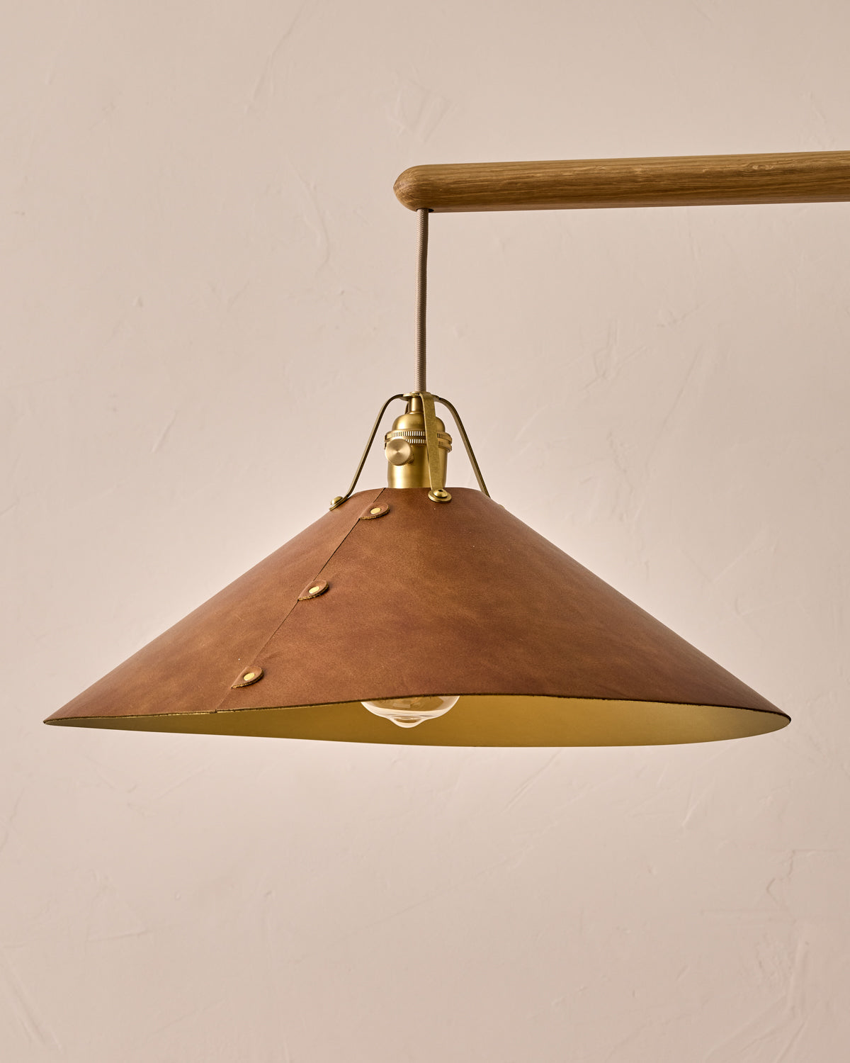 Robert True Ogden RTO Lighting - Extra Large Yaffa Swing Arm Sconce - Cognac Leather Shade - Natural Oak Arm - Oil Rubbed Brass Wall Brackets#leather-shade_cognac-leather