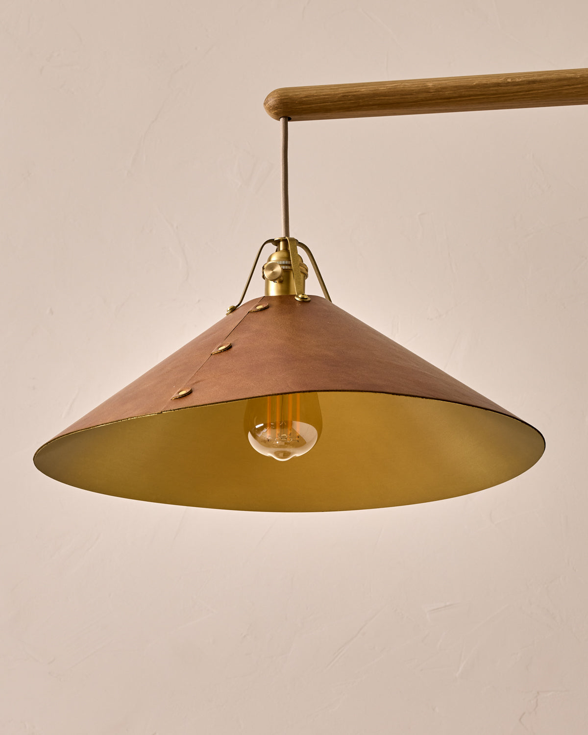 Robert True Ogden RTO Lighting - Extra Large Yaffa Swing Arm Sconce - Cognac Leather Shade - Natural Oak Arm - Oil Rubbed Brass Wall Brackets#leather-shade_cognac-leather