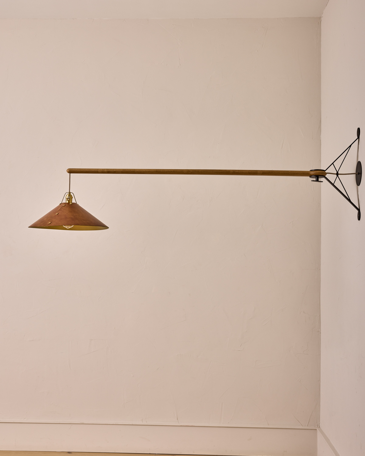 Robert True Ogden RTO Lighting - Extra Large Yaffa Swing Arm Sconce - Cognac Leather Shade - Natural Oak Arm - Oil Rubbed Brass Wall Brackets#leather-shade_cognac-leather