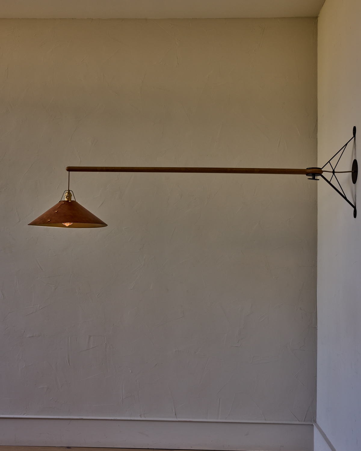 Robert True Ogden RTO Lighting - Extra Large Yaffa Swing Arm Sconce - Cognac Leather Shade - Natural Oak Arm - Oil Rubbed Brass Wall Brackets#leather-shade_cognac-leather