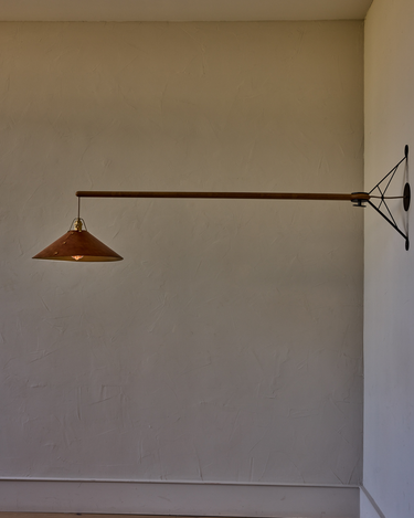 Robert True Ogden RTO Lighting - Extra Large Yaffa Swing Arm Sconce - Cognac Leather Shade - Natural Oak Arm - Oil Rubbed Brass Wall Brackets#leather-shade_cognac-leather