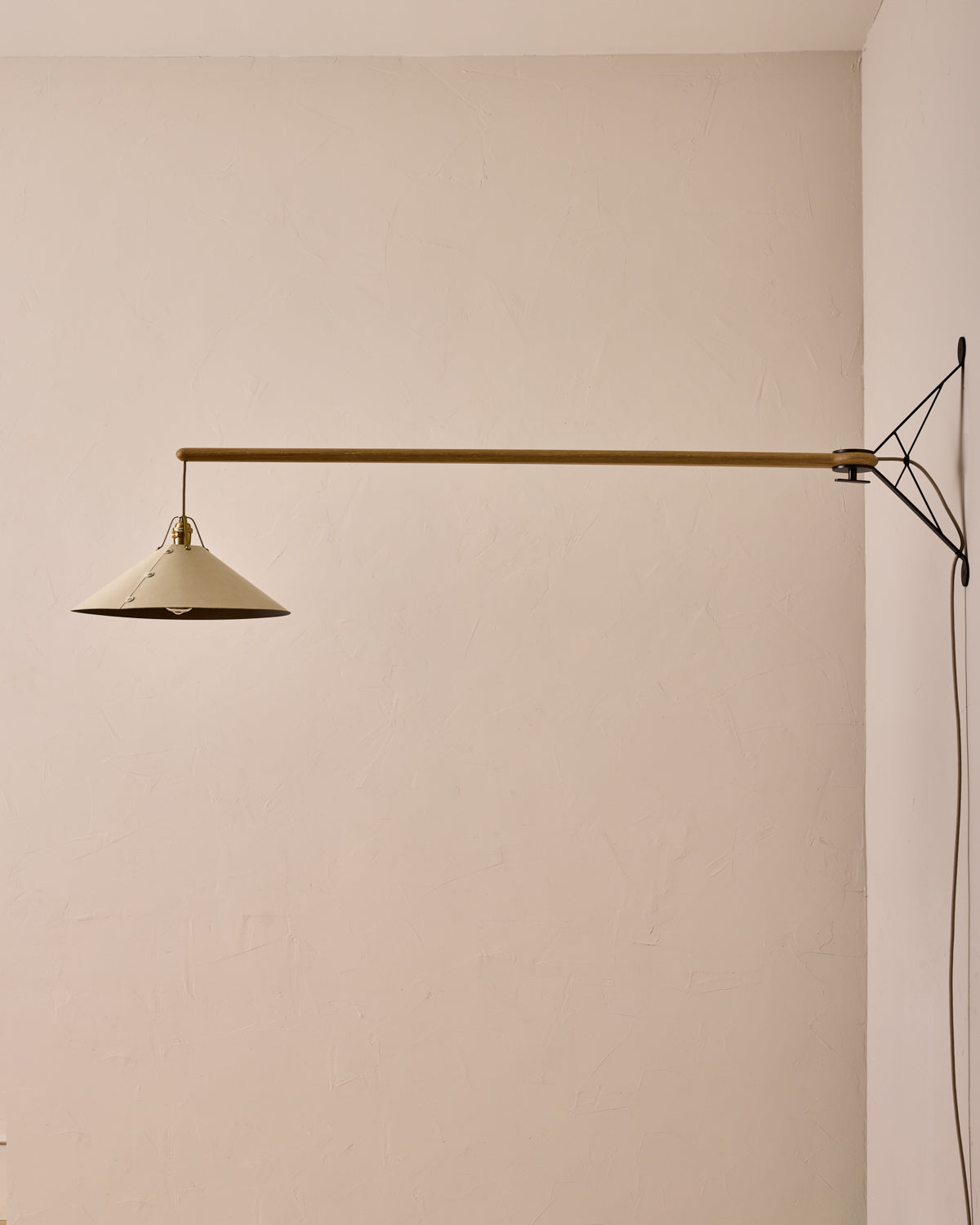 Robert True Ogden RTO Lighting - Extra Large Yaffa Swing Arm Sconce - Eggshell Leather Shade - Natural Oak Arm - Oil Rubbed Brass Wall Brackets#leather-shade_eggshell-leather