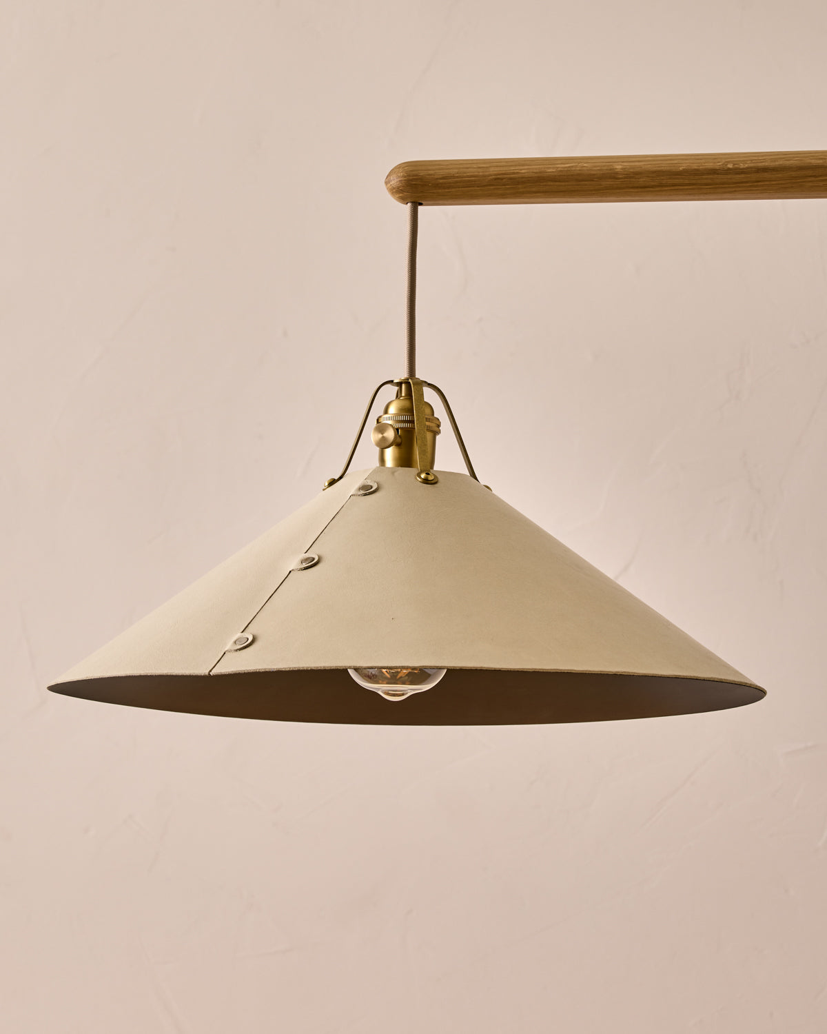 Robert True Ogden RTO Lighting - Extra Large Yaffa Swing Arm Sconce - Eggshell Leather Shade - Natural Oak Arm - Oil Rubbed Brass Wall Brackets#leather-shade_eggshell-leather