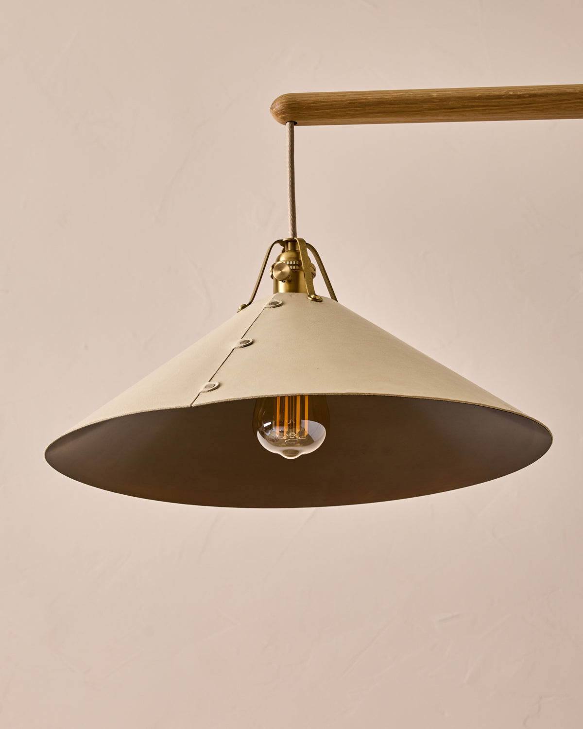 Robert True Ogden RTO Lighting - Extra Large Yaffa Swing Arm Sconce - Eggshell Leather Shade - Natural Oak Arm - Oil Rubbed Brass Wall Brackets#leather-shade_eggshell-leather