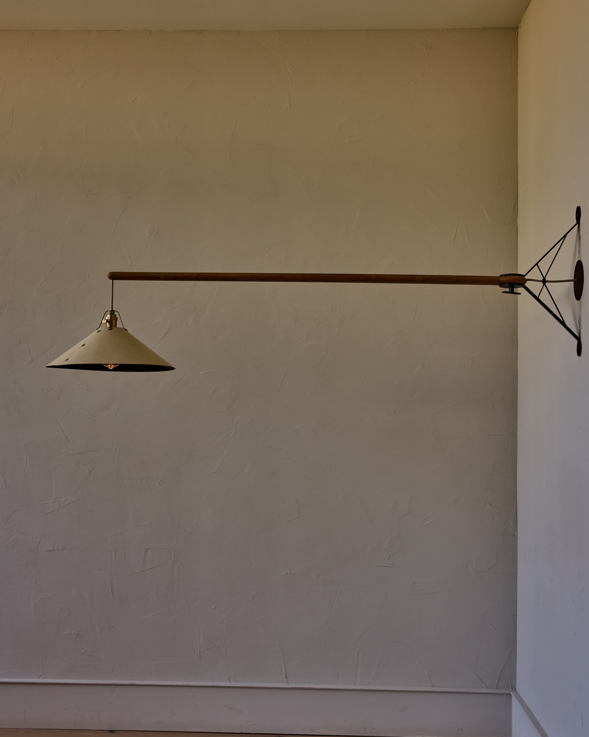 Robert True Ogden RTO Lighting - Extra Large Yaffa Swing Arm Sconce - Eggshell Leather Shade - Natural Oak Arm - Oil Rubbed Brass Wall Brackets#leather-shade_eggshell-leather