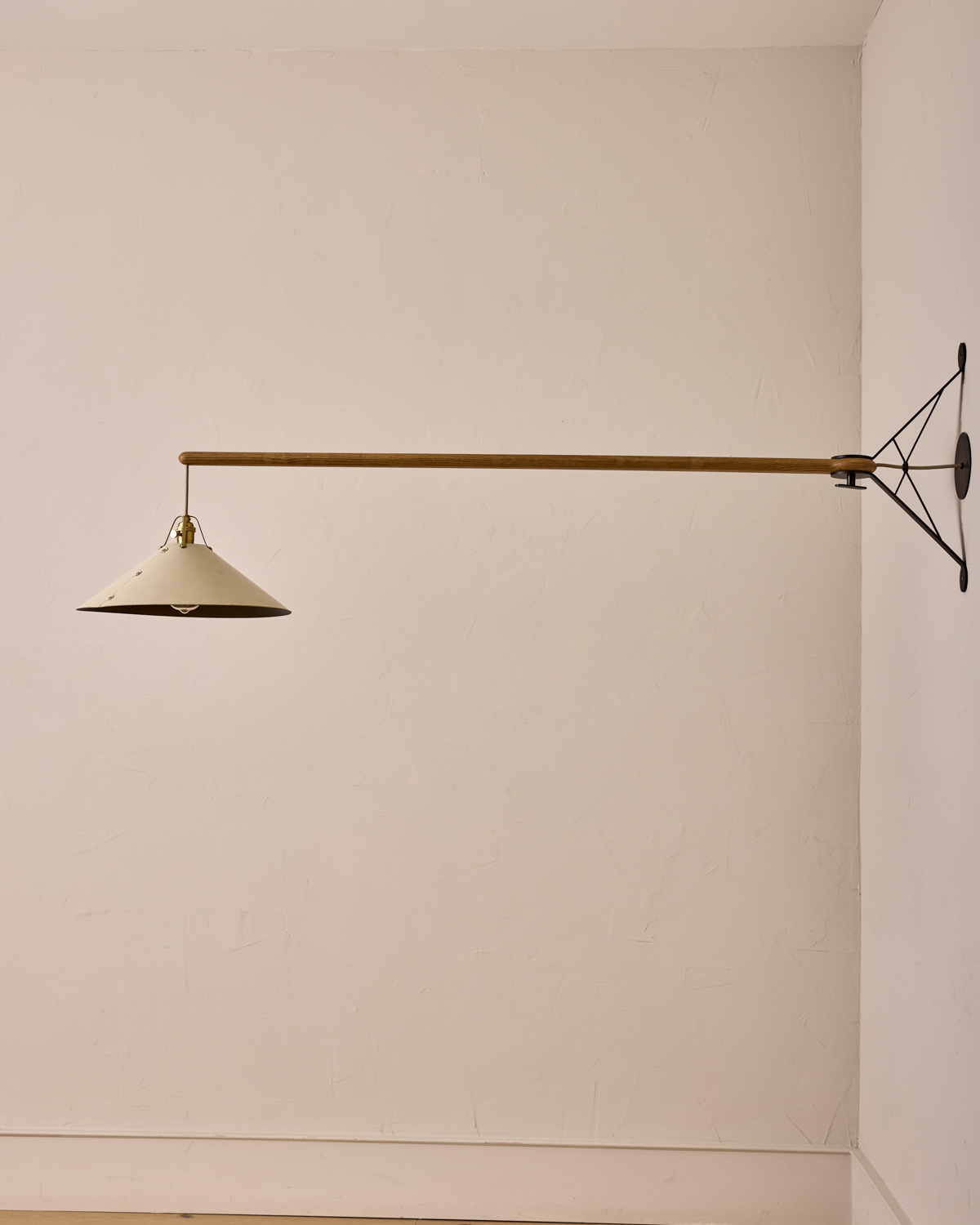 Robert True Ogden RTO Lighting - Extra Large Yaffa Swing Arm Sconce - Eggshell Leather Shade - Natural Oak Arm - Oil Rubbed Brass Wall Brackets#leather-shade_eggshell-leather