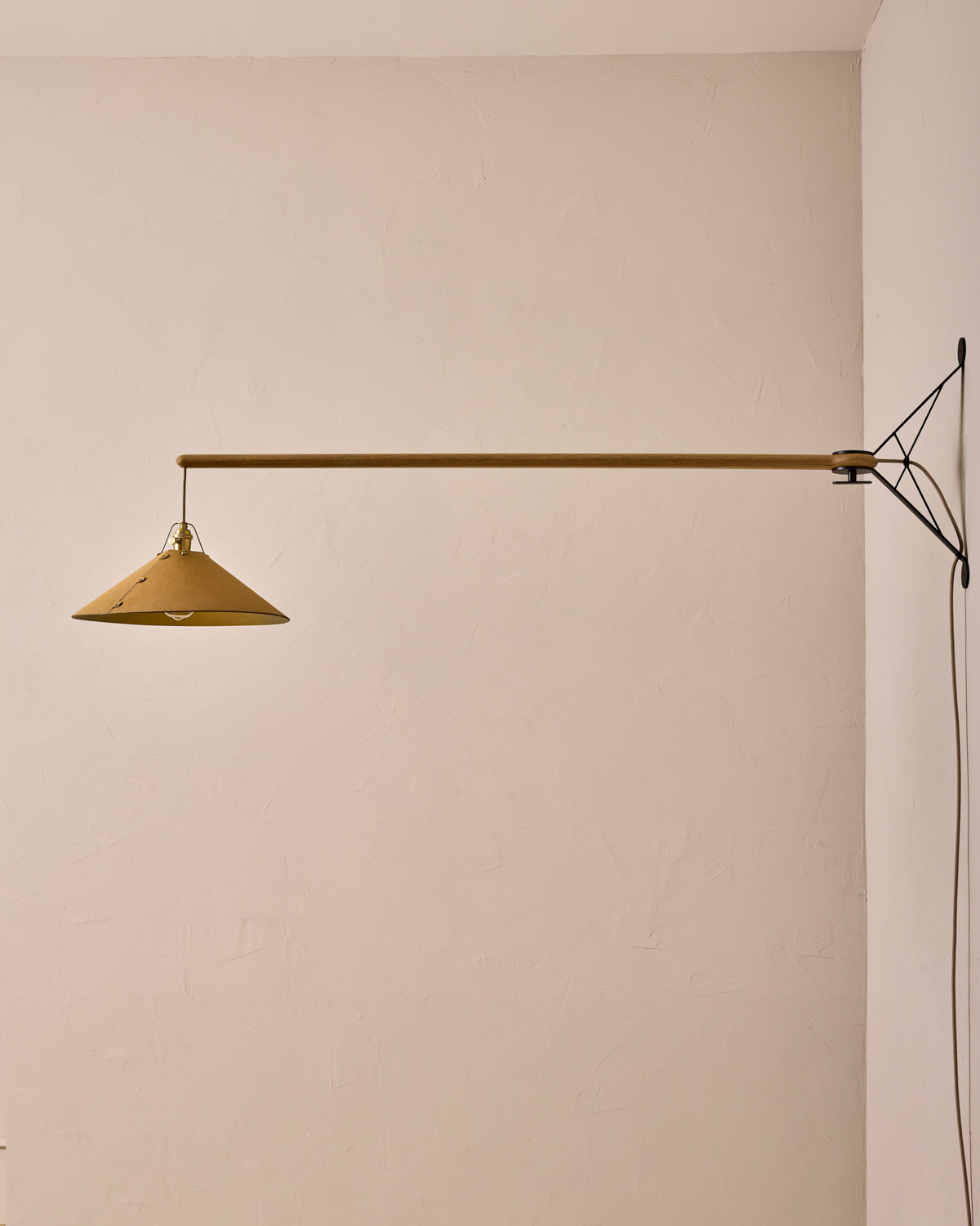 Robert True Ogden RTO Lighting - Extra Large Yaffa Swing Arm Sconce - Natural Leather Shade - Natural Oak Arm - Oil Rubbed Brass Wall Brackets#leather-shade_natural-leather