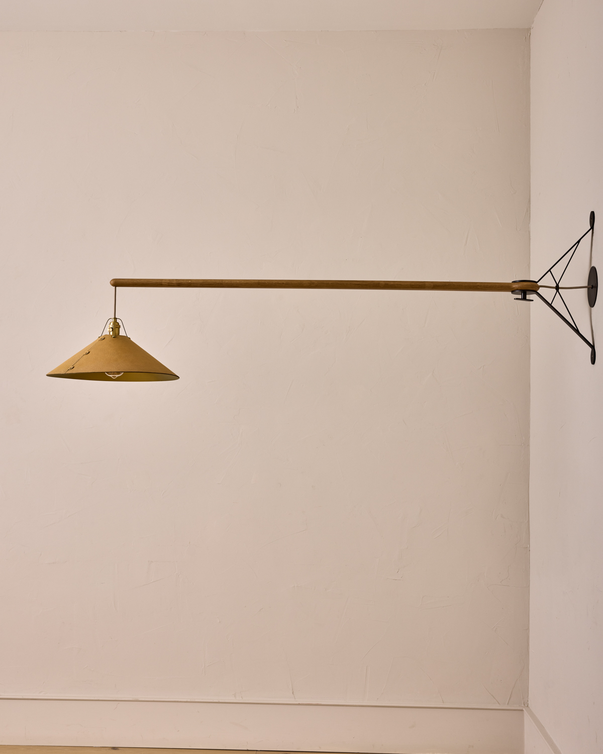 Robert True Ogden RTO Lighting - Extra Large Yaffa Swing Arm Sconce - Natural Leather Shade - Natural Oak Arm - Oil Rubbed Brass Wall Brackets#leather-shade_natural-leather