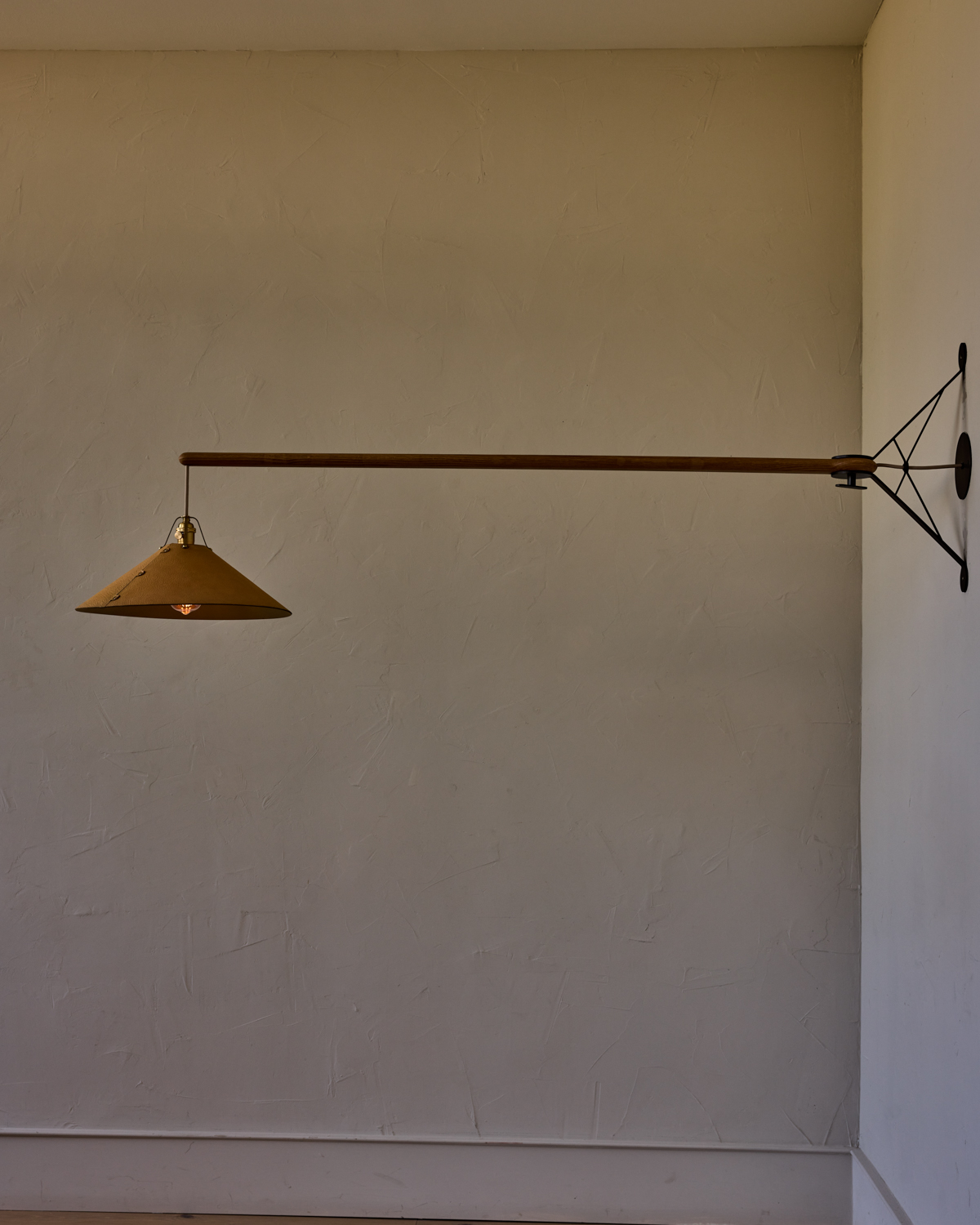 Robert True Ogden RTO Lighting - Extra Large Yaffa Swing Arm Sconce - Natural Leather Shade - Natural Oak Arm - Oil Rubbed Brass Wall Brackets#leather-shade_natural-leather