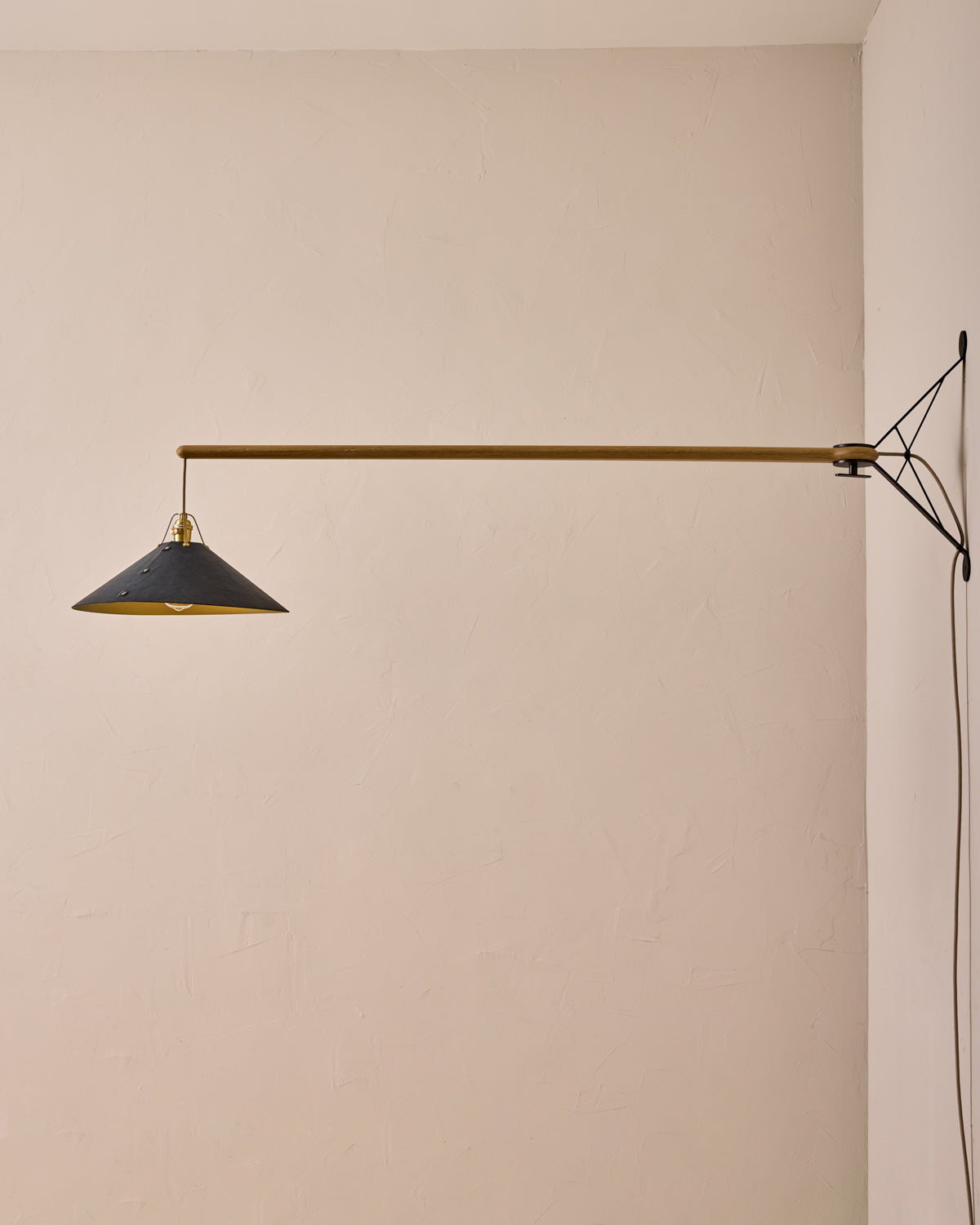 Robert True Ogden RTO Lighting - Extra Large Yaffa Swing Arm Sconce - Navy Leather Shade - Natural Oak Arm - Oil Rubbed Brass Wall Brackets#leather-shade_navy-leather