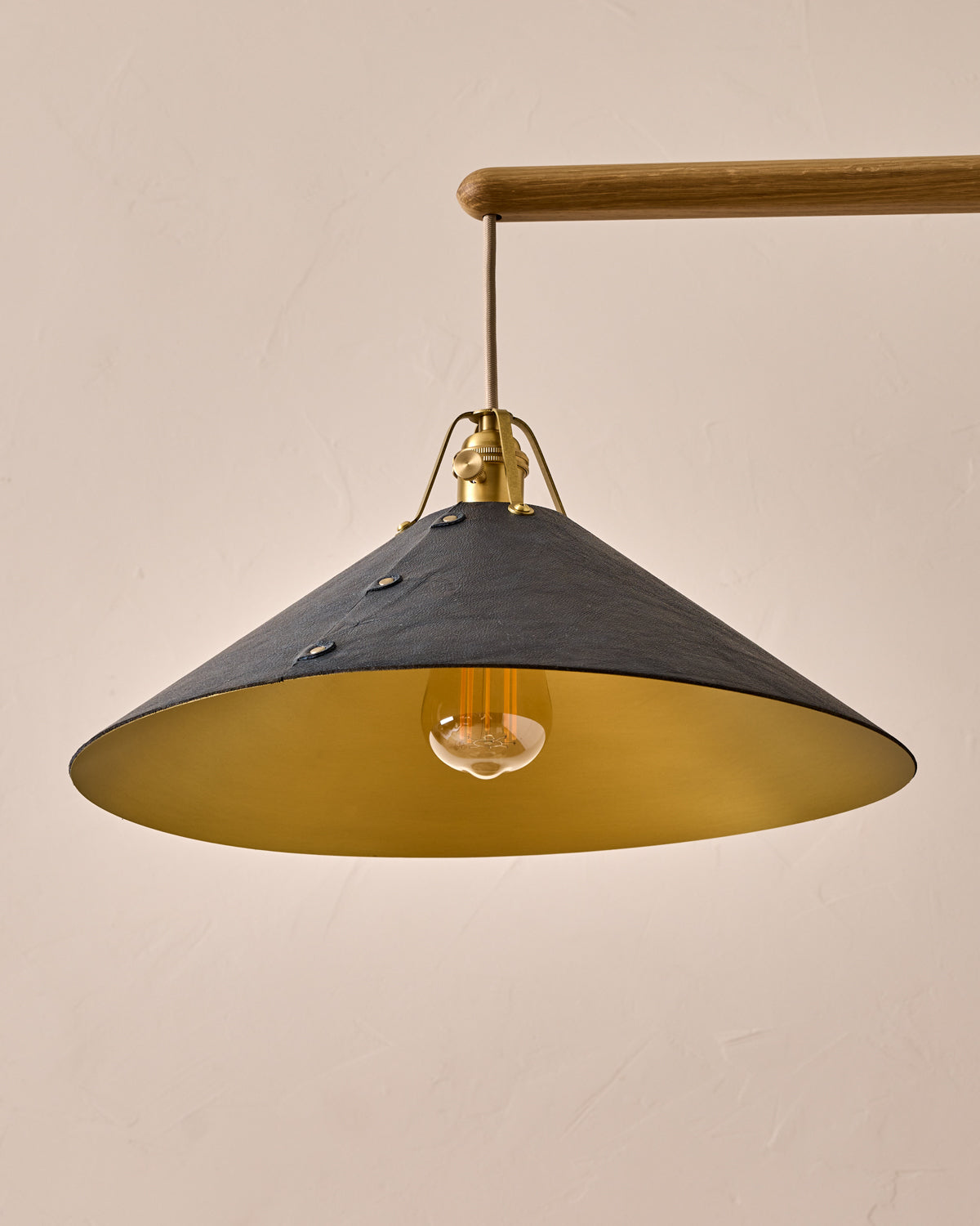 Robert True Ogden RTO Lighting - Extra Large Yaffa Swing Arm Sconce - Navy Leather Shade - Natural Oak Arm - Oil Rubbed Brass Wall Brackets#leather-shade_navy-leather