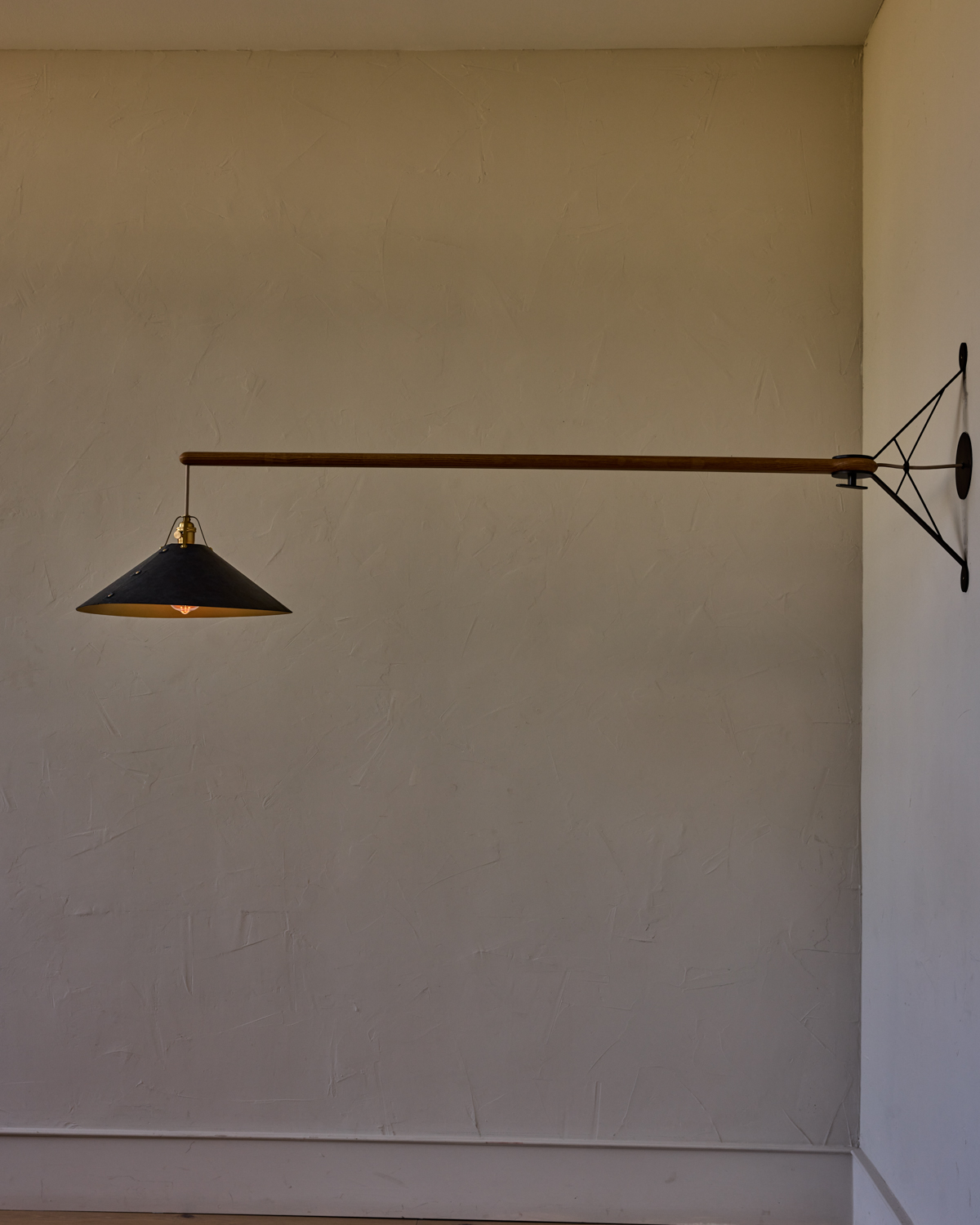 Robert True Ogden RTO Lighting - Extra Large Yaffa Swing Arm Sconce - Navy Leather Shade - Natural Oak Arm - Oil Rubbed Brass Wall Brackets#leather-shade_navy-leather