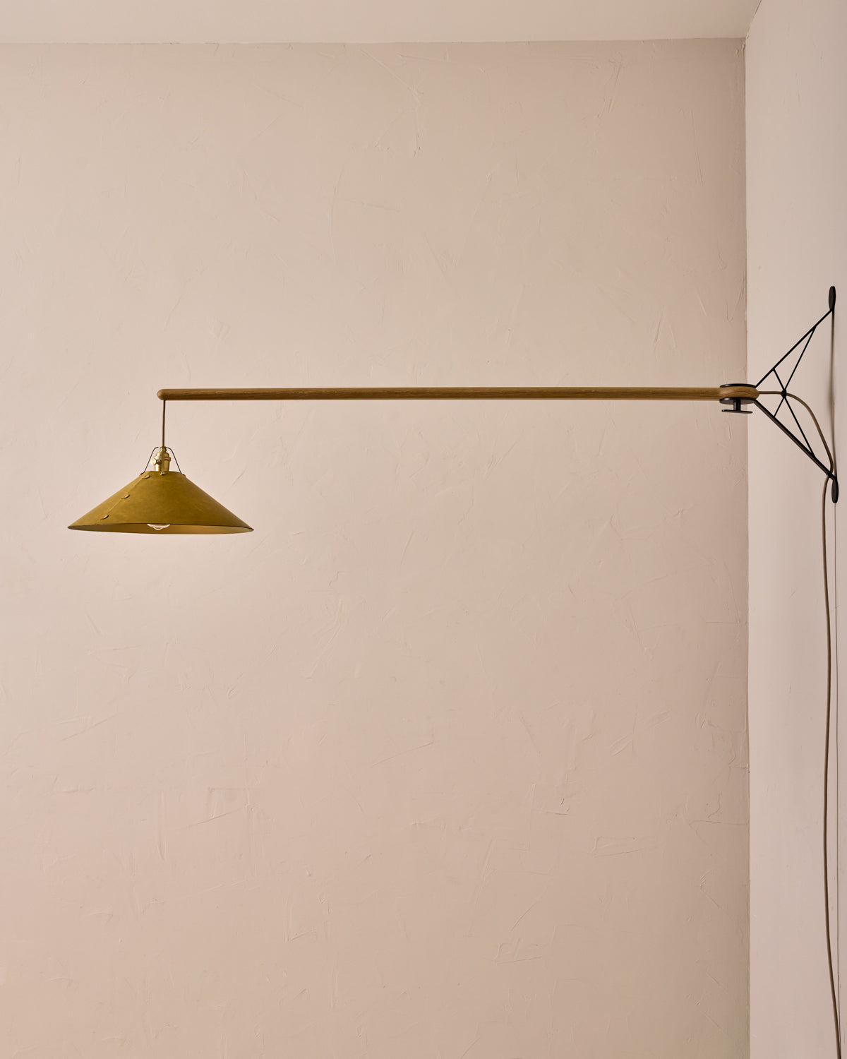 Robert True Ogden RTO Lighting - Extra Large Yaffa Swing Arm Sconce - Spruce Leather Shade - Natural Oak Arm - Oil Rubbed Brass Wall Brackets#leather-shade_spruce-leather