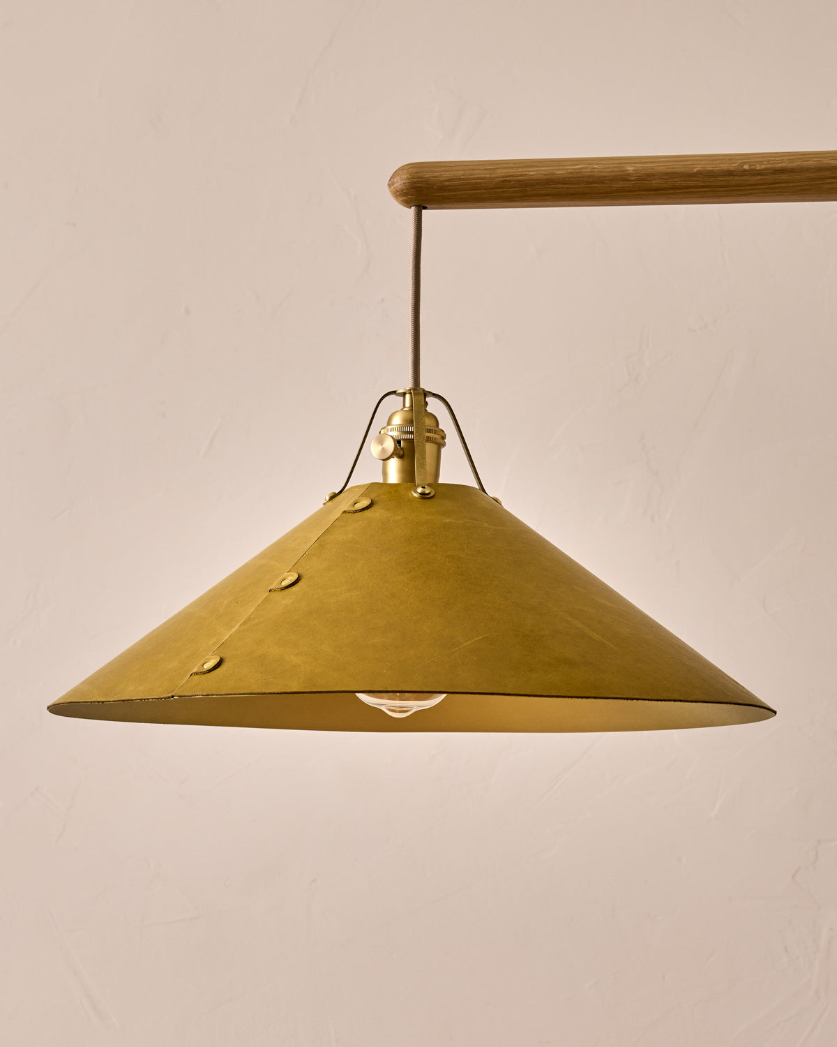 Robert True Ogden RTO Lighting - Extra Large Yaffa Swing Arm Sconce - Spruce Leather Shade - Natural Oak Arm - Oil Rubbed Brass Wall Brackets#leather-shade_spruce-leather