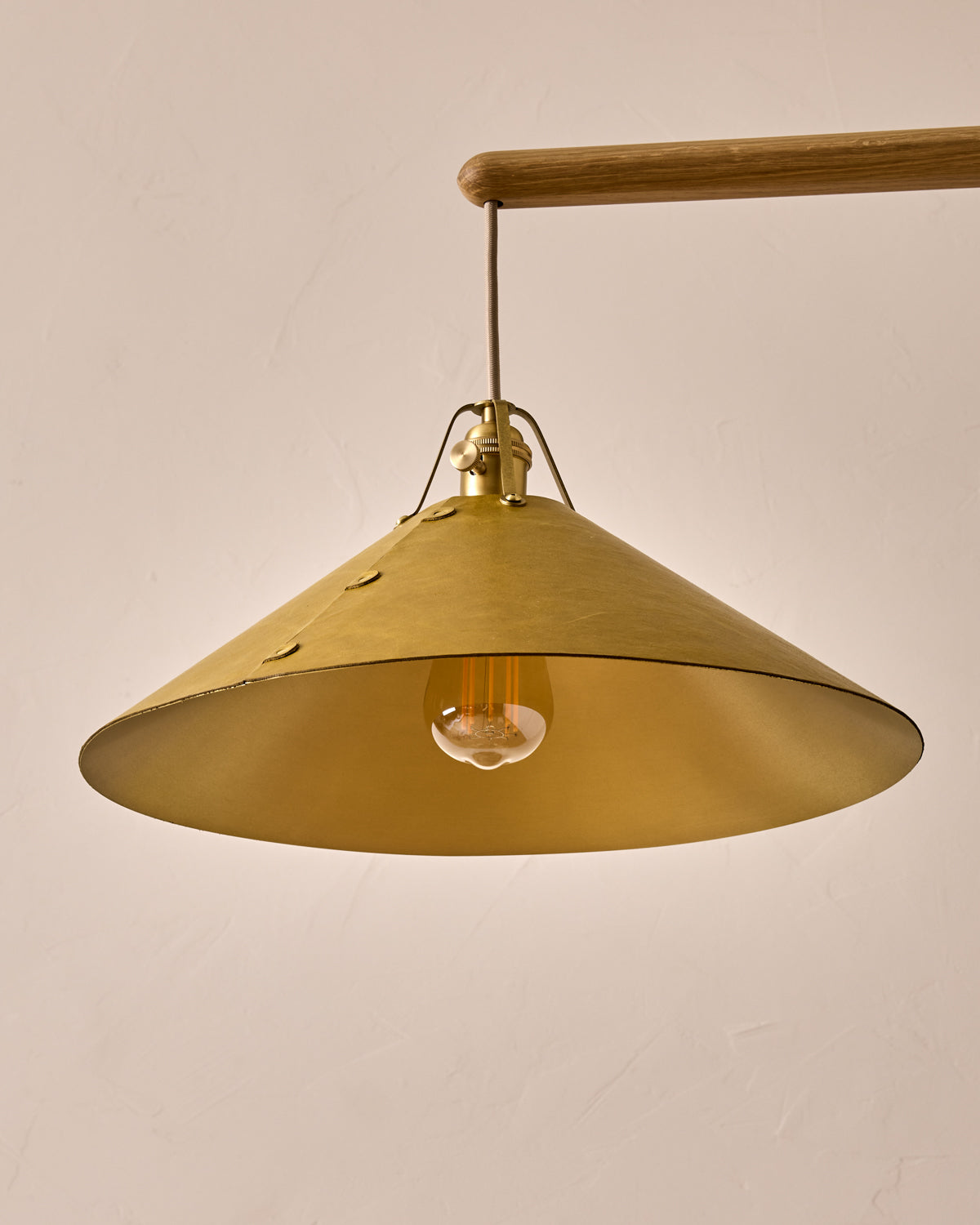 Robert True Ogden RTO Lighting - Extra Large Yaffa Swing Arm Sconce - Spruce Leather Shade - Natural Oak Arm - Oil Rubbed Brass Wall Brackets#leather-shade_spruce-leather