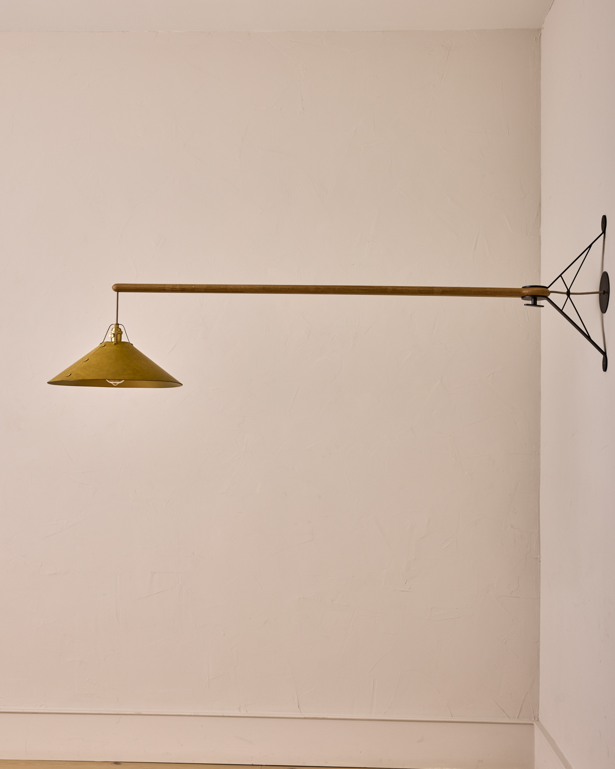 Robert True Ogden RTO Lighting - Extra Large Yaffa Swing Arm Sconce - Spruce Leather Shade - Natural Oak Arm - Oil Rubbed Brass Wall Brackets#leather-shade_spruce-leather