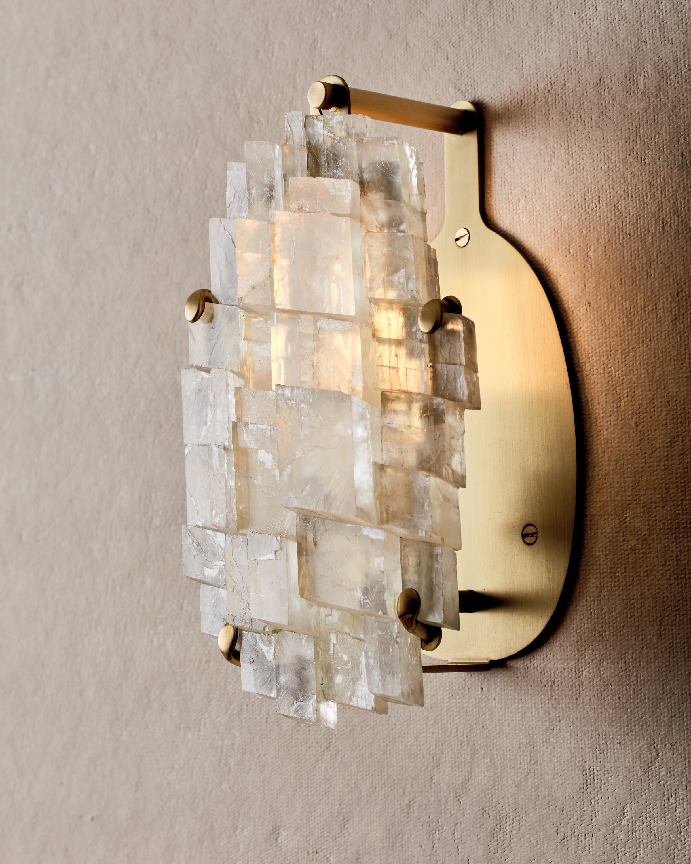 Robert True Ogden RTO Lighting - Monroe Icelandic Spar Wall Sconce - Hardwired - Brushed Satin Brass Backplate and Armature