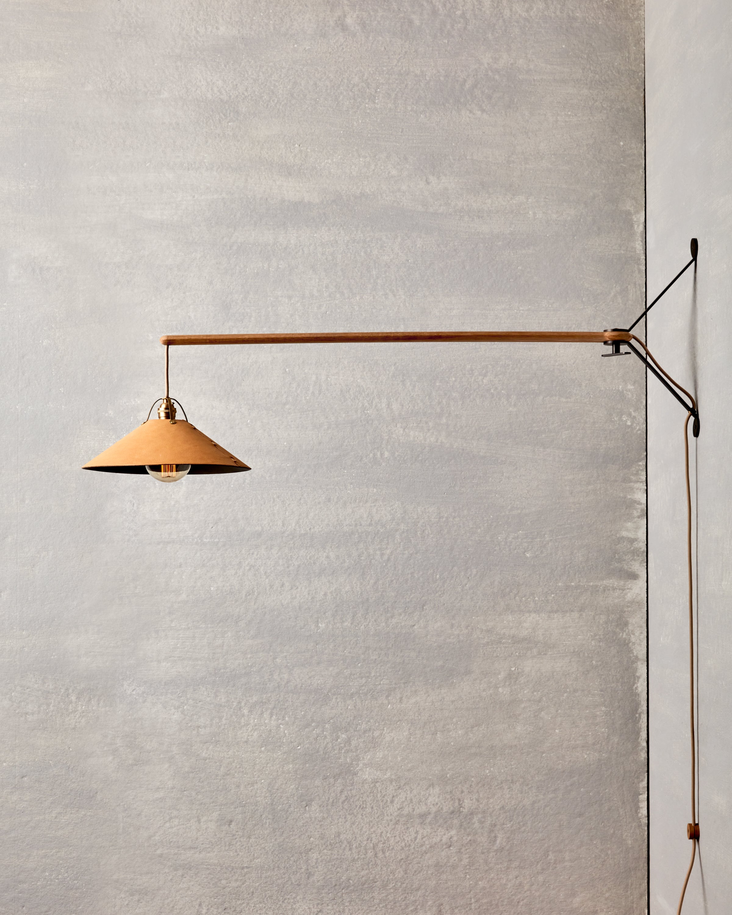 Robert True Ogden RTO Lighting - Large Yaffa Swing Arm Sconce - Plug In - Natural Leather Shade - Natural Oak Arm - Oil Rubbed Brass Wall Brackets#leather-shade_natural