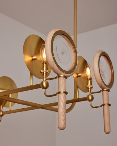 Robert True Ogden RTO Lighting Alice Chandelier Eight Arm - Clear Glass - Ash Lens Holder - Brushed Satin Brass#finish_natural-ash-brushed-satin-brass #glass_clear-glass