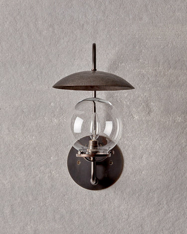 Robert True Ogden RTO Lighting - Mia Wall Sconce - Hammered Oil Rubbed Bronze Shade - Oil Rubbed Brass Backplate and Armature - Clear Glass Globe#finish_oil-rubbed-brass-with-hammered-oil-rubbed-bronze