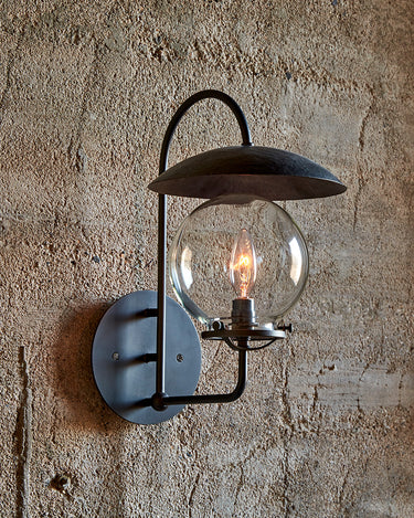  Robert True Ogden RTO Lighting - Mia Wall Sconce - Hammered Oil Rubbed Bronze Shade - Oil Rubbed Brass Backplate and Armature - Clear Glass Globe#finish_oil-rubbed-brass-with-hammered-oil-rubbed-bronze