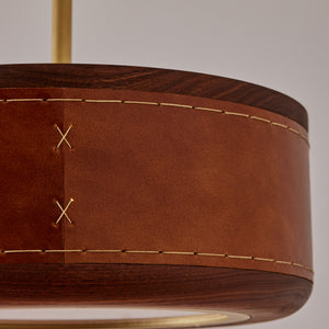 Robert True Ogden RTO Lighting 12" Nura Ceiling Fixture Pendant - Cognac Leather - Close Up of Stitching#leather_cognac