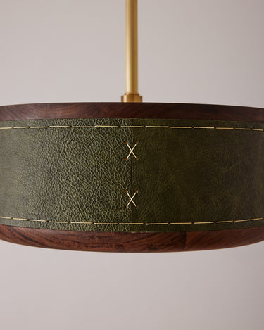 Robert True Ogden RTO Lighting 12" Nura Ceiling Fixture Pendant - Juniper Leather - Close up of stitching#leather_juniper-leather