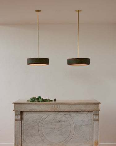 Robert True Ogden RTO Lighting 18" Nura Ceiling Fixture Pendant - Juniper Leather - Styled Shot Featuring Two Pendant Over a Marble Counter Top Bar#leather_juniper-leather