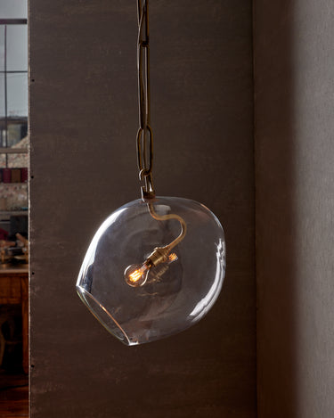 Robert True Ogden RTO Lighting - Large Lou Pendant - Clear Glass Globe - Tumbled Brass Hand Bent Chain#glass_clear-glass