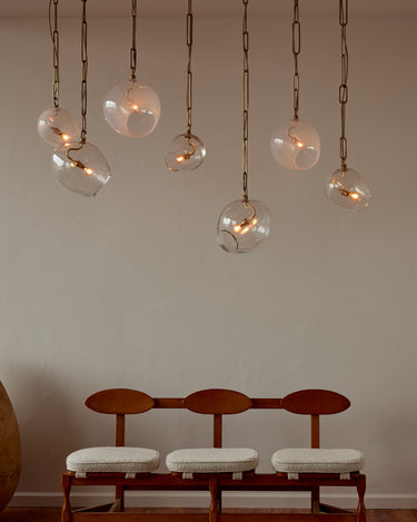 Robert True Ogden RTO Lighting - Large Lou Pendant - Clear Glass Globe - Tumbled Brass Hand Bent Chain#glass_clear-glass
