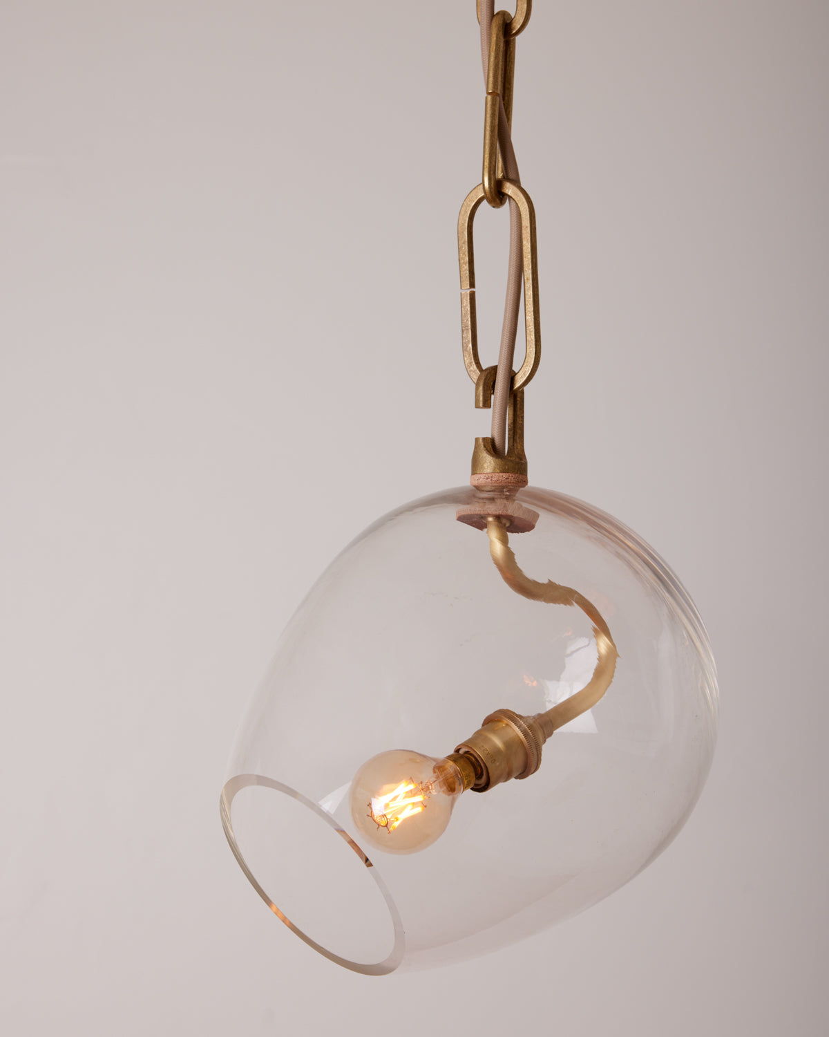 Robert True Ogden RTO Lighting - Small Lou Pendant - Clear Glass Globe - Tumbled Brass Hand Bent Chain#glass_clear-glass
