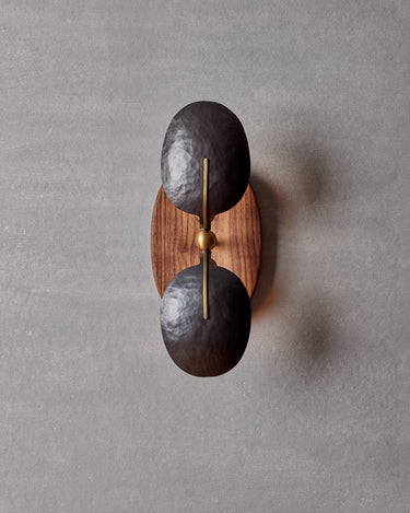 Robert True Ogden RTO Lighting - Greta Wall Sconce - Two Hammered Oil Rubbed Bronze Shades -Brushed Satin Brass Armature - Oval Walnut Backplate#switch_hardwired-with-no-switch