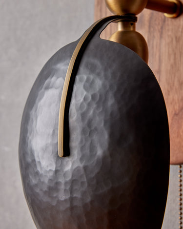 Robert True Ogden RTO Lighting - Greta Wall Sconce - Two Hammered Oil Rubbed Bronze Shades -Brushed Satin Brass Armature - Oval Walnut Backplate with Pull Chain