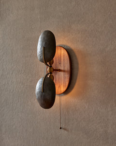 Robert True Ogden RTO Lighting - Greta Wall Sconce - Two Hammered Oil Rubbed Bronze Shades -Brushed Satin Brass Armature - Oval Walnut Backplate with Pull Chain