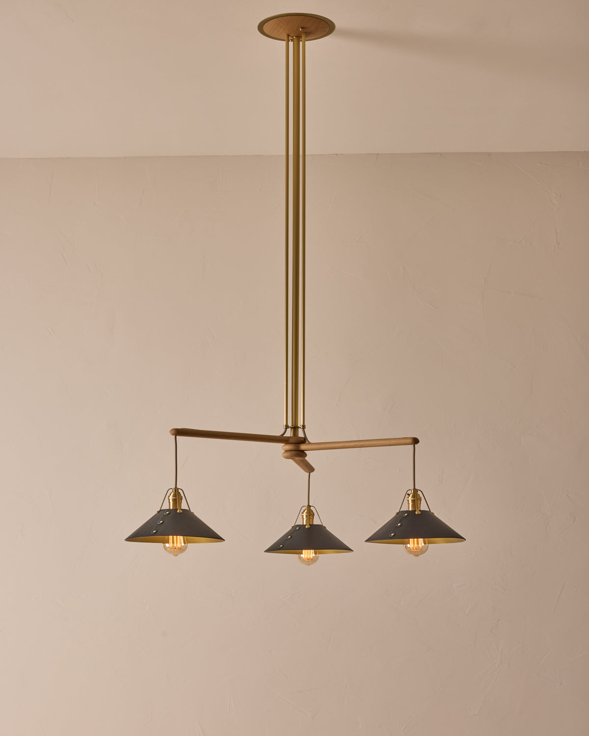 Robert True Ogden RTO Lighting - Three Arm Yaffa Chandelier - Black Leather Shade#leather-shade_black-leather