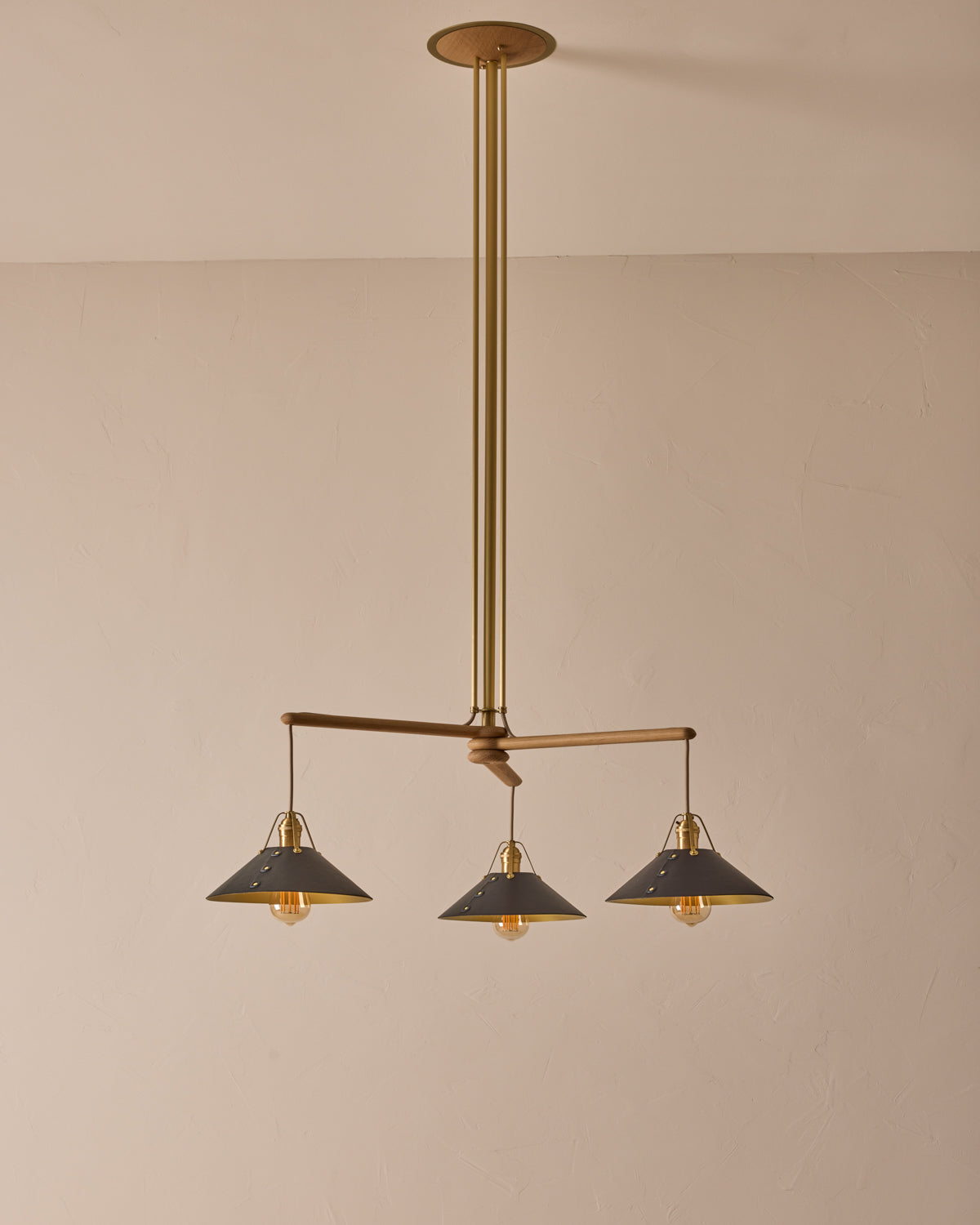 Robert True Ogden RTO Lighting - Three Arm Yaffa Chandelier - Black Leather Shade#leather-shade_black-leather