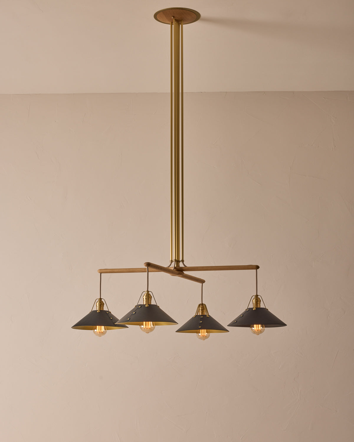 Robert True Ogden RTO Lighting - Four Arm Yaffa Chandelier - Black Leather Shade#leather-shade_black-leather