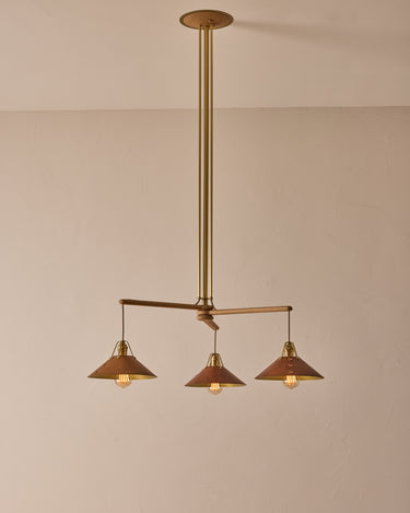 Robert True Ogden RTO Lighting - Three Arm Yaffa Chandelier - Cognac Leather Shade#leather-shade_cognac-leather