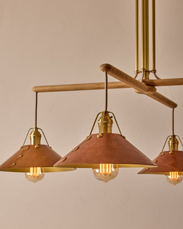 Robert True Ogden RTO Lighting - Four Arm Yaffa Chandelier - Cognac Leather Shade#leather-shade_cognac-leather