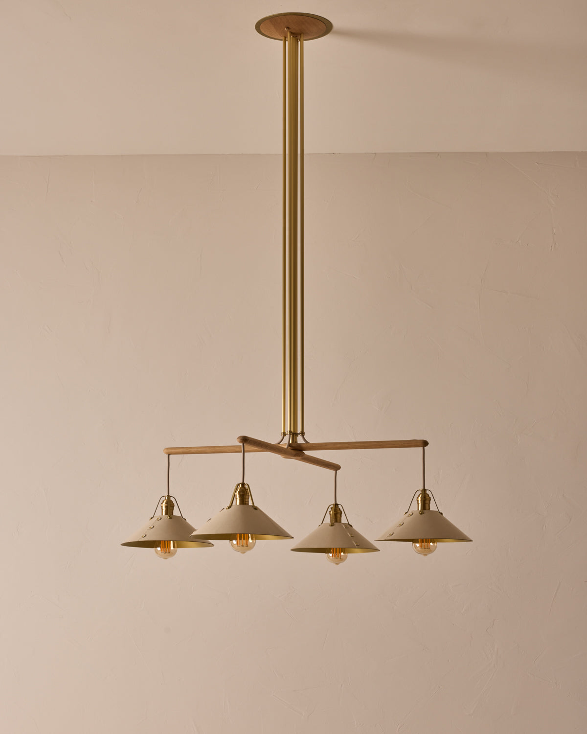 Robert True Ogden RTO Lighting - Four Arm Yaffa Chandelier - Eggshell Leather Shade#leather-shade_eggshell-leather
