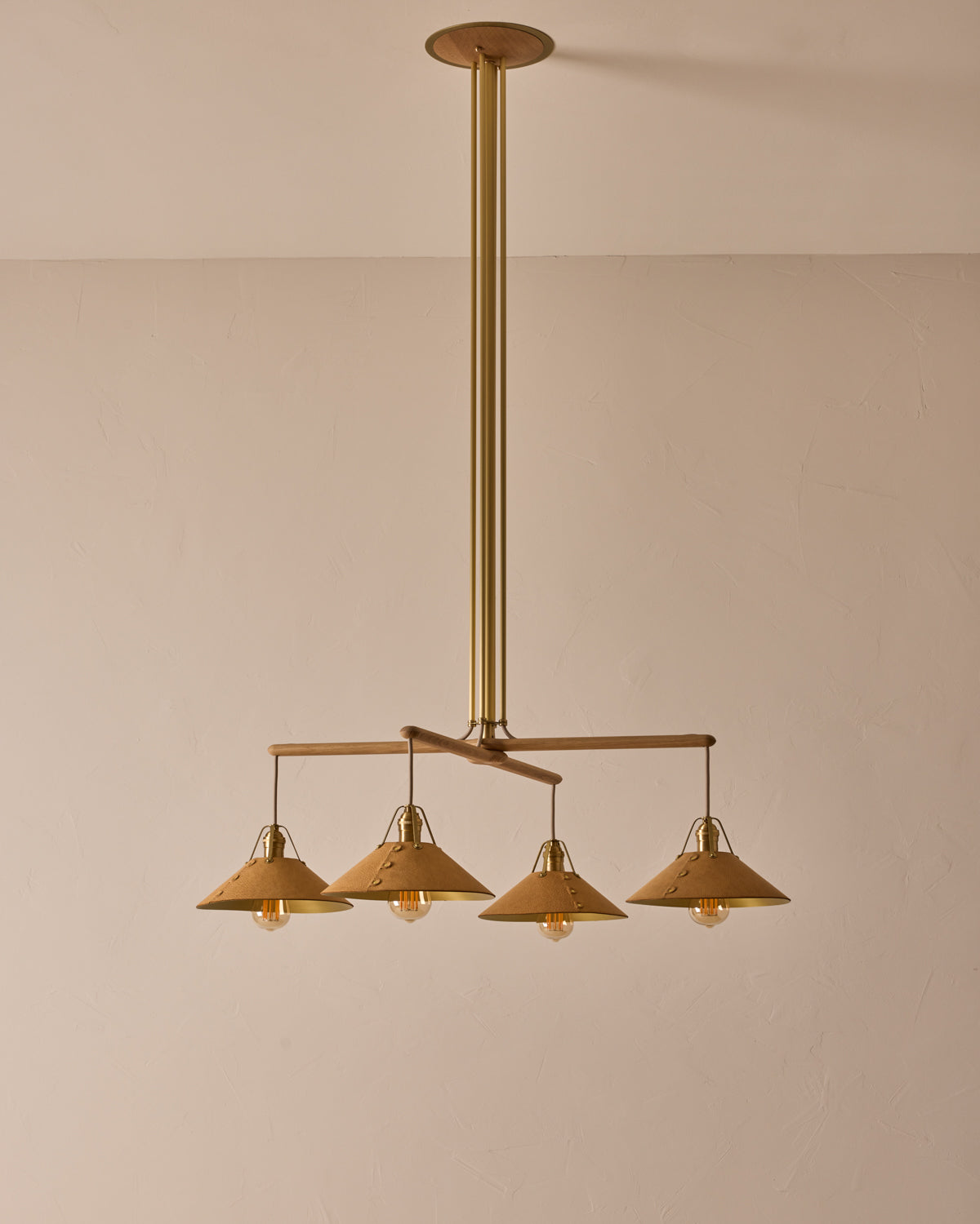 Robert True Ogden RTO Lighting - Four Arm Yaffa Chandelier - Natural Leather Shade#leather-shade_natural-leather