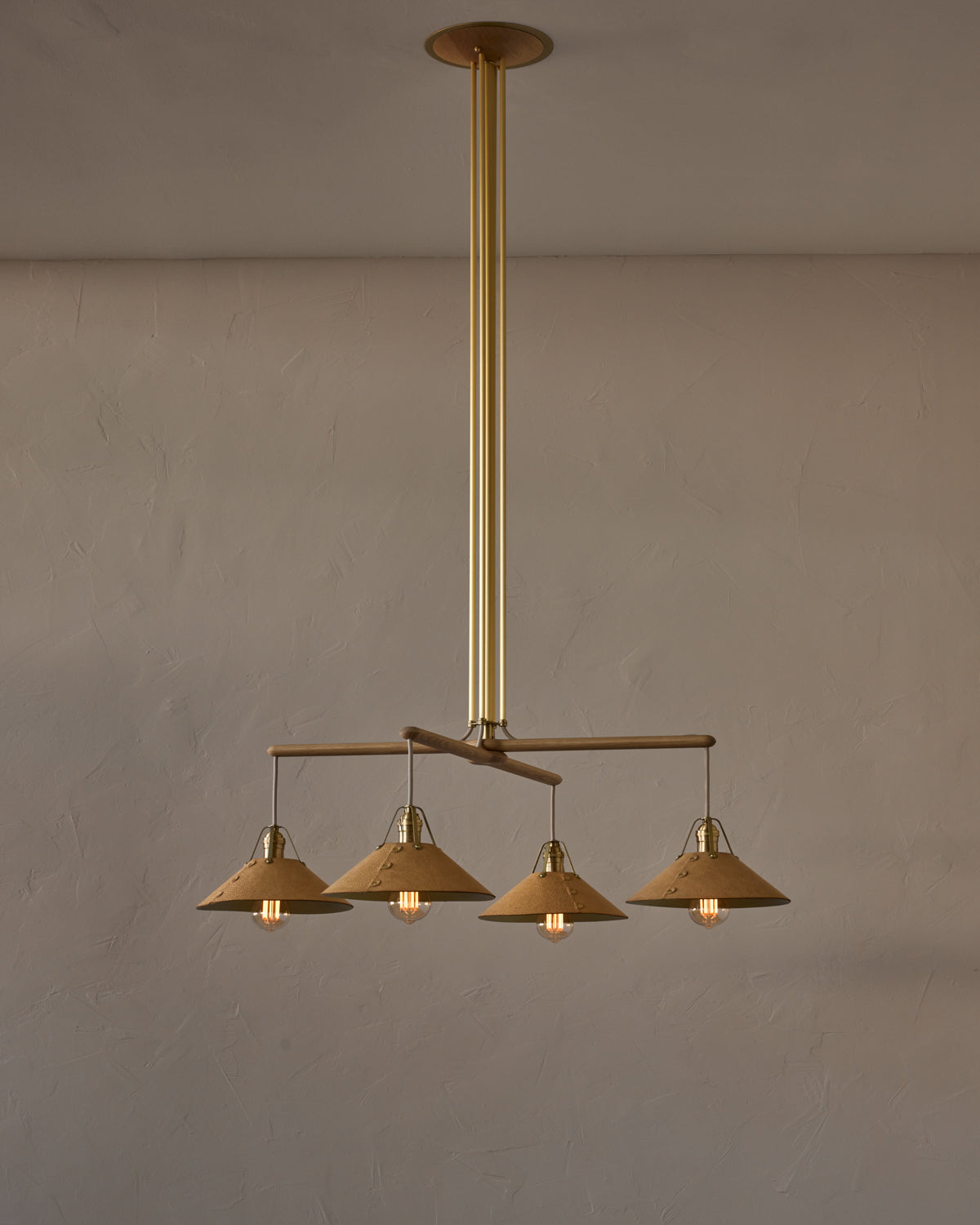 Robert True Ogden RTO Lighting - Four Arm Yaffa Chandelier - Natural Leather Shade#leather-shade_natural-leather