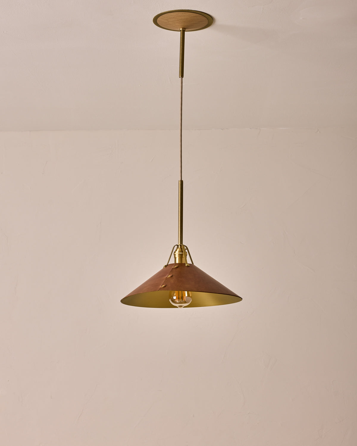 Robert True Ogden RTO Lighting - Large Yaffa Pendant -Tumbled Brass Half Poles - Cognac Leather Shade Natural Oak Canopy#leather-shade_cognac-leather