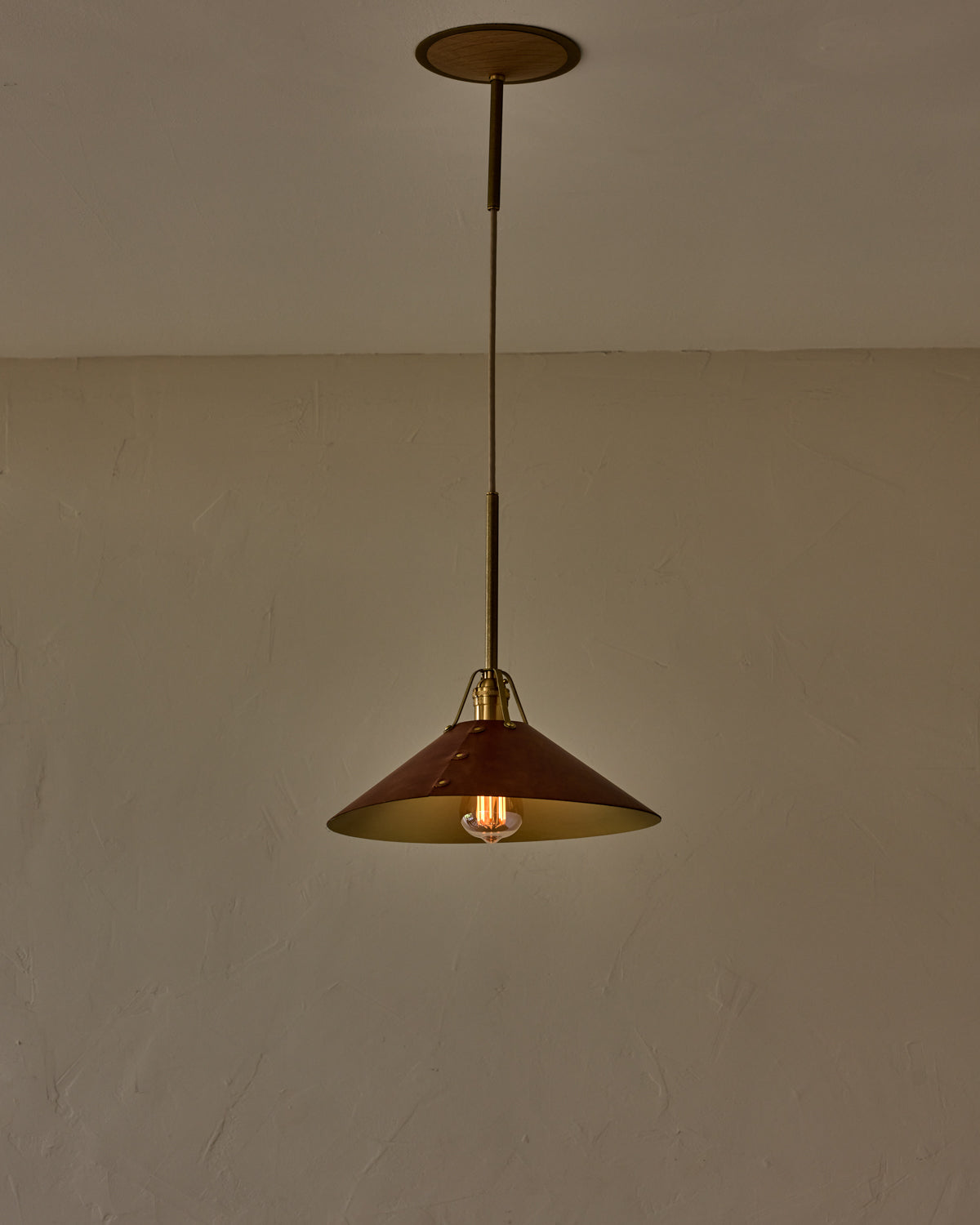 Robert True Ogden RTO Lighting - Large Yaffa Pendant -Tumbled Brass Half Poles - Cognac Leather Shade Natural Oak Canopy#leather-shade_cognac-leather