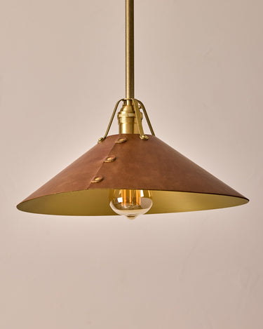 Robert True Ogden RTO Lighting - Large Yaffa Pendant -Tumbled Brass Half Poles - Cognac Leather Shade Natural Oak Canopy#leather-shade_cognac-leather