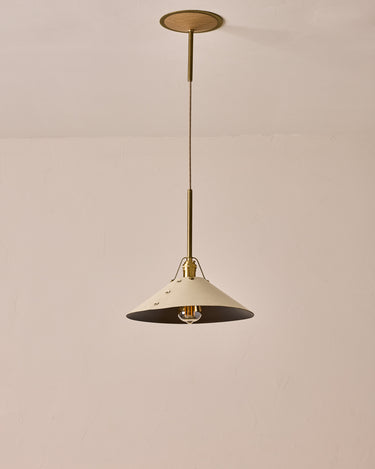 Robert True Ogden RTO Lighting - Large Yaffa Pendant -Tumbled Brass Half Poles - Eggshell Leather Shade Natural Oak Canopy#leather-shade_eggshell-leather