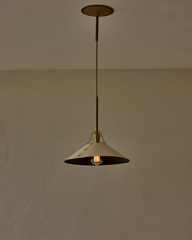 Robert True Ogden RTO Lighting - Large Yaffa Pendant -Tumbled Brass Half Poles - Eggshell Leather Shade Natural Oak Canopy#leather-shade_eggshell-leather