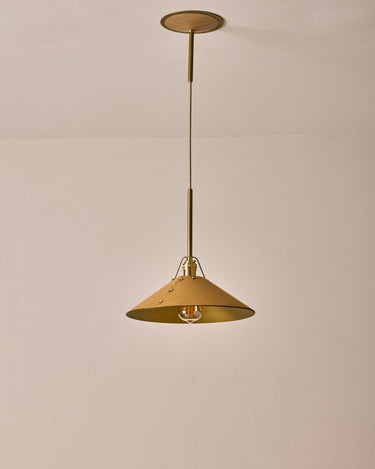 Robert True Ogden RTO Lighting - Large Yaffa Pendant -Tumbled Brass Half Poles - Natural Leather Shade Natural Oak Canopy#leather-shade_natural-leather