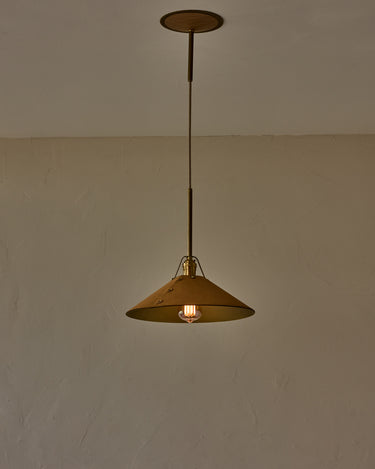 Robert True Ogden RTO Lighting - Large Yaffa Pendant -Tumbled Brass Half Poles - Natural Leather Shade Natural Oak Canopy#leather-shade_natural-leather