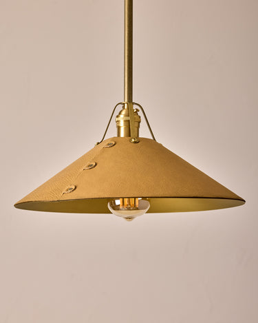Robert True Ogden RTO Lighting - Large Yaffa Pendant -Tumbled Brass Half Poles - Natural Leather Shade Natural Oak Canopy#leather-shade_natural-leather